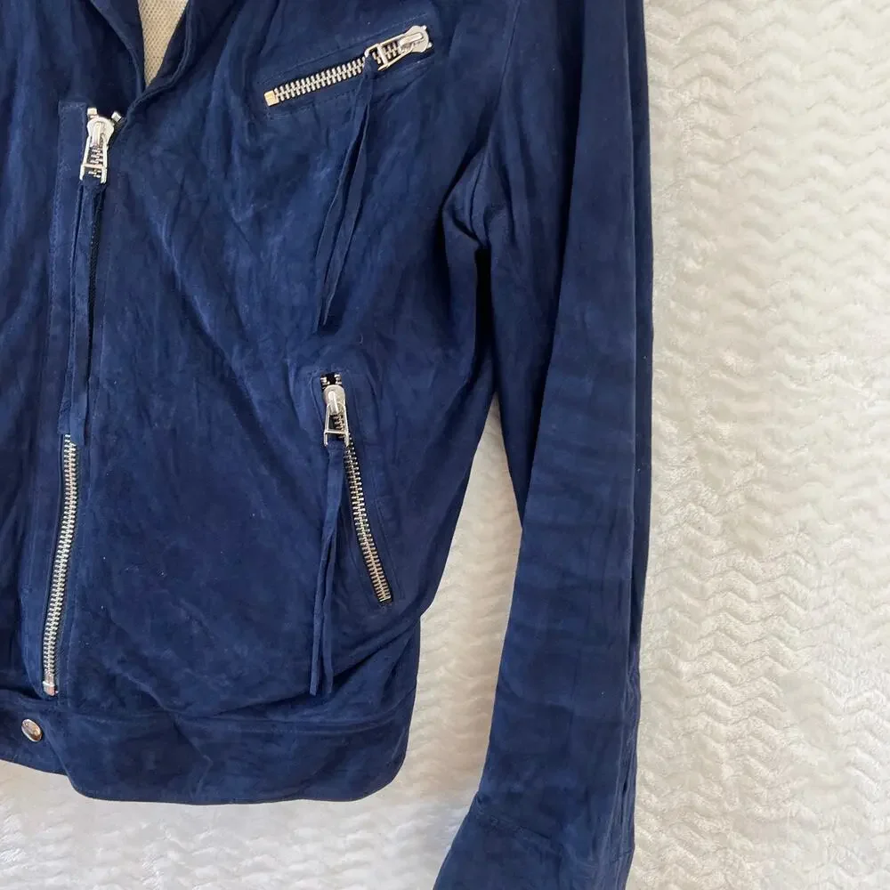 Martin Asbjorn Suede Leather Fringe Moto Biker Jacket Navy Blue Silver Sz Large - Picture 4 of 16